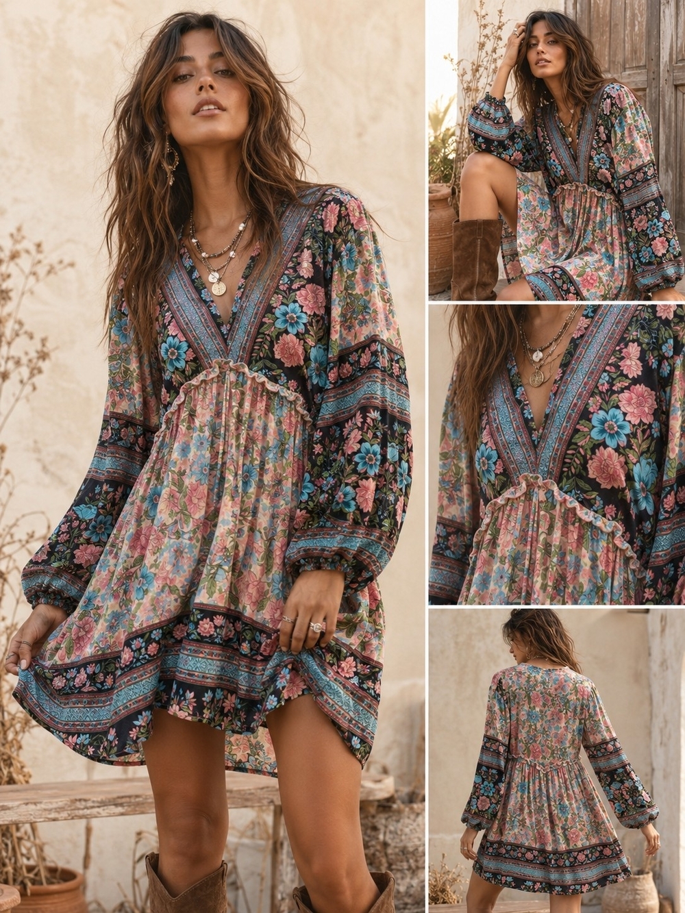 BTFBM Floral Boho Babydoll Mini Dress Pink Blue Long Sleeve V-Neck Size M